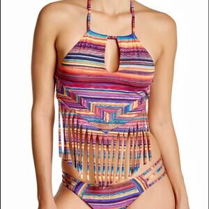 Alé by Alessandra Rainbow Patchwork Halter Fringe Bikini Tankini Top Size XS